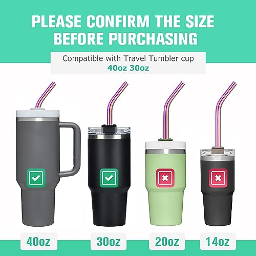 8 Piece 3/8 inch (10mm) Stainless Steel Straws for Travel 40oz Tumblers, 12 Inch Long Reusable Metal Drinking Straws, Replacement Straws with Silicone Tips & Cleaning Brush, Rainbow - Thumbnail 4