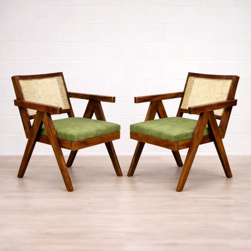 Image of Sainistree Furniture | Solid Sheesham Wood Rattan Armchair | Teak Brown Finish, Cane Back & Geen Upholstery | Mid-Century Modern Accent Chair for Living /Dining Room (Pair of 2, Teak Brown & Green)