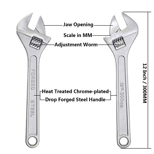 Image of Dr.Luck 12 Inch Sliver Adjustable Wrench, Drop Forged Steel Heat Treated Chrome-plated, Garage DIY Tool