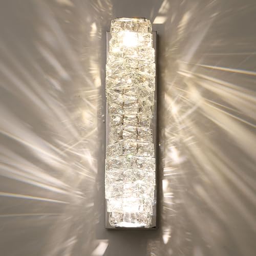 Image of LED Crystal Wall Sconce Silver Crystal Bathroom Vanity Light Fixtures with 3 Color Temperature, Indoor Dimmable Wall Mount Light for Bedroom Living Room,Set of 2