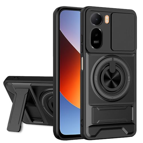 Image of AESTMO Redmi A7 Pro 5G Back Cover | Armor Camera Slider 360 Degree Rotating Finger Ring Holder Case with Bracket Stand Back Case Cover (Compatible with MagSafe Accessories) (Black)