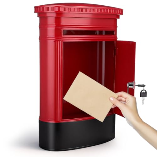 Angoily Vintage Iron Wall Mount Mailbox Retro Style Post Box with Newspaper Holder Sturdy Outdoor Home Mailbox Decorative Ornament for Garden and Office Space Saving Design Classic Red