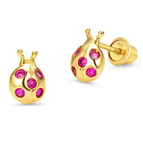 14k Gold Plated Brass Lady Bug Cubic Zirconia Screwback Girls Earrings with Sterling Silver Post