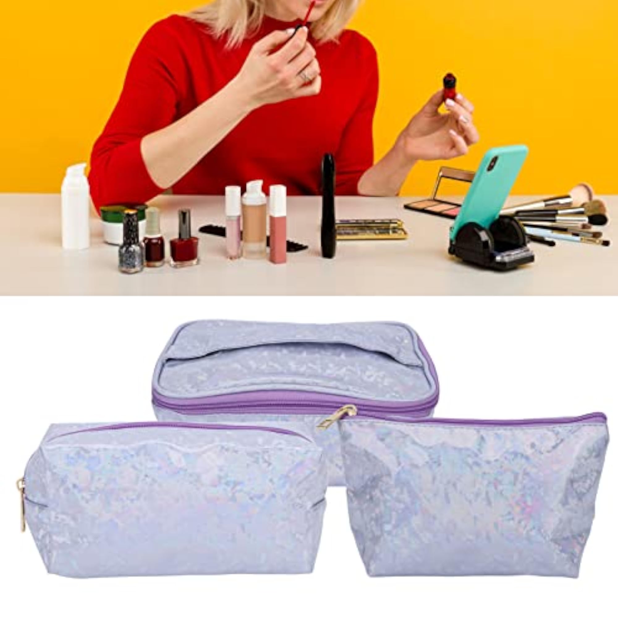 Waterproof Cosmetic Bag, Stylish Purple 3 Pieces Set
