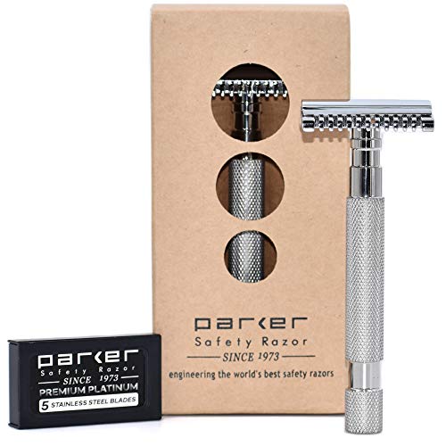 Parker 68S Stainless Steel Handle Double Edge Safety Razor with Open Comb Head & 5 Blades