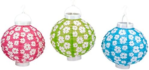 Beistle Light-Up Hibiscus Paper Lanterns, 3-Count Tropical Hanging Decorations with Hooks - Green, Cerise & Turquoise with White Hibiscus Print - Hawaiian Luau Party Supplies, 8” image 3