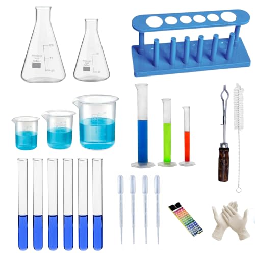 Image of Chemistry Lab 24 Items Kit - Plastic Beakers, Borosilicate Glass Conical Flasks, Measuring Cylinders, Test Tubes and More - Ideal for Students, Science Experiments & Lab Use