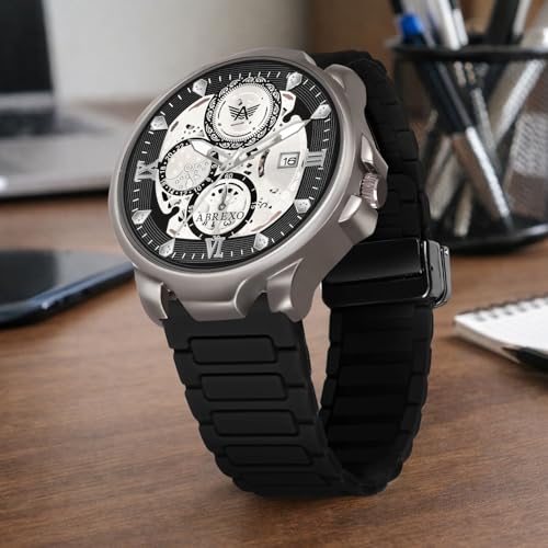 Image of Chronograph Look Gun Metal Round Dial Date Working Arabic Magnet Silicone Strap Watch for Men