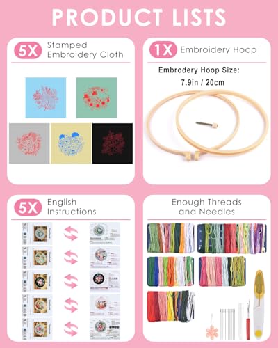 Image of TINDTOP 5 Sets Embroidery Kit for Adults, Floral Embroidery Practice Kit for Beginners Include Embroidery Cloth Hoops Threads for Craft Lover Hand Stitch | for Beginners Include Embroidery Cloth Hoops Threads for Craft Lover Hand Stitch