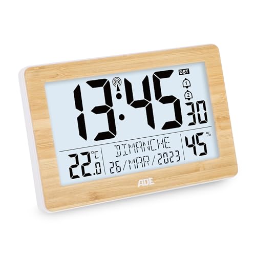 ADE Horloge Radio pilotée | Horloge numérique Murale avec très Grands Chiffres | avec Calendrier, thermomètre intérieur et hygromètre | reveil Station Meteo | à...