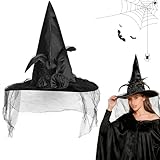 ISparbox Cappello da Strega Halloween, Cappello da Strega in Pizzo Nero da Donna Decorato con Nero Velo Rose e Piume, Vestiario per Vostro Costume da Strega per Halloween Carnevale