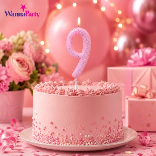 Image of Wanna Party Glitter Designer Pink Number 9 Birthday Candle, Numerical Cake Candle for 9th Birthday, Cake Cutting, Party Decoration & Celebration Supplies - 1PC