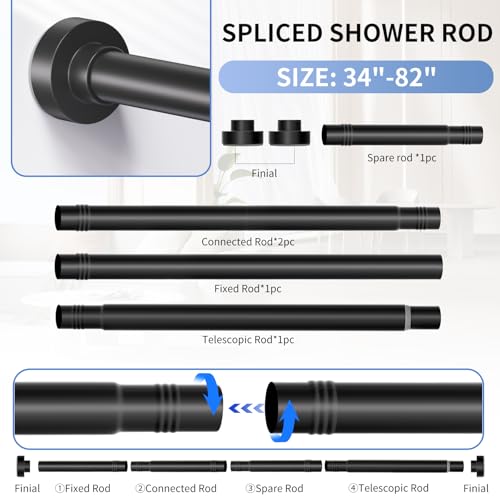 Image of Black Shower Curtain Rod 34-82 Inches(2.8-6.8ft) Never Rust Adjustable Shower Rod Spring Tension Non Slip No Drilling Shower Rods for Bathroom Garland Window