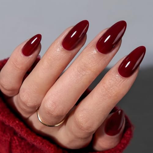 UNA GELLA Press on Nails Medium Almond - 32Pcs 16 Sizes Soft Gel Fake Nails Kit, Dark Red Reusable Glue on Nails, Burgundy False Stick on Nails for Women Daily Salon Manicure