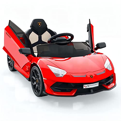 Baloveby Elektroauto für Kinder, 12V Kinderauto, Batteriebetriebener Elektroauto mit Steuerung, 2 Geschwindigkeiten, Soundsystem, LED-Scheinwerfern und hydraulischen Türen (Rot)