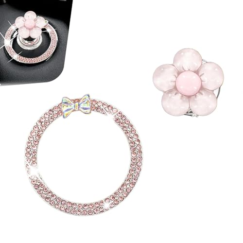 Yekoaru Push to Start Button Cover and Car Engine Start Stop Decoration Ring, Resin Flower Push Start Button Cover, Crystal Car Accessories for Women (Pink)