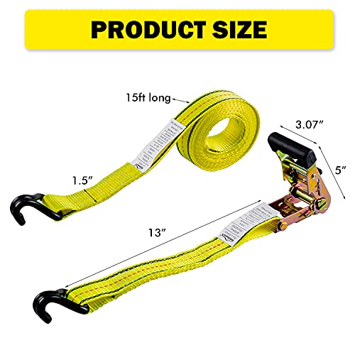 Autofonder RT003 4Pcs 1-1/2 X 15 Ft Heavy Duty Ratchet Cargo Tie Down Straps 3,000 Lbs Break Strength Tie-Down Ratcheting Straps Wire Hook Ends thumb #2