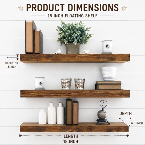 Image of Genuine Decor Sheesham 18 Inch Floating Shelves for Wall Set of 3, Rustic Wall Mounted Ledge Shelf for Bathroom, Bedroom, Living Room