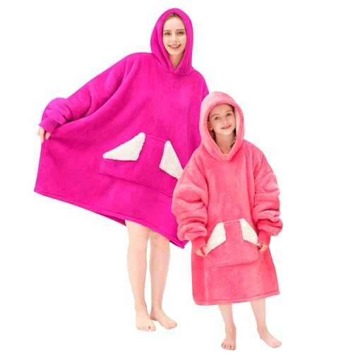Touchat Wearable Blanket Hoodie, Oversized Sherpa Fleece Sweatshirt Blanket with Giant Hood Pocket and Sleeves for Adult, Warm & Cozy Blanket Gifts for Women (Neon Pink)