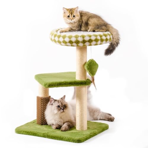 Mewoo Small Cat Tree Tower, Cat Tower with Scratching Post, Cat Trees with Removable Cat Perch for Indoor Cats Large Adult, Cute Cat Tree with Interactive Cat Toys for Kittens (Green, Large)