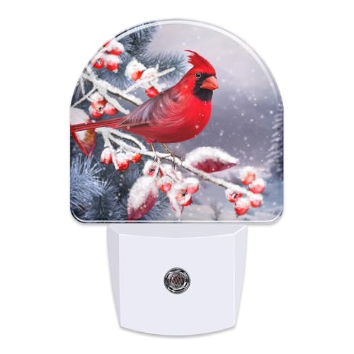Image of Winter Red Cardinal Bird Night Light for Kids,Christmas Pine Tree Snow Cardinal Night Light Plug in with Dusk to Dawn Sensor,0.5w Energy Saving Nightlight for Hallway Stairway Kitchen Bedroom