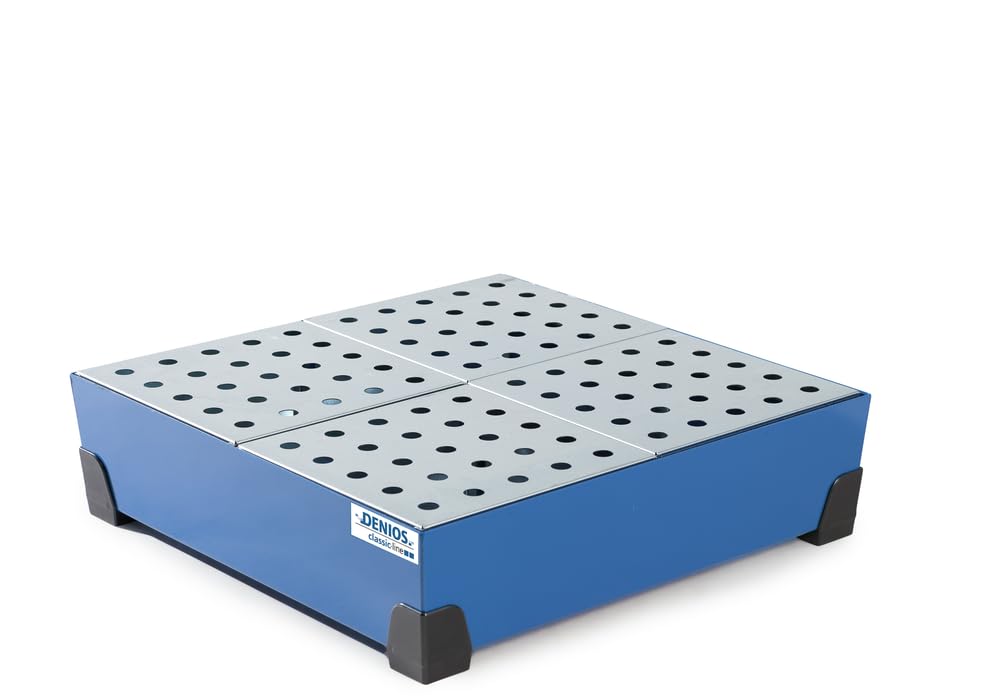 Denios Auffangwanne aus Stahl | mit verzinktem Lochblech | blau | BxHxT 774 x 200 x 774 mm | Volumen 90 Liter | Arbeitssicherheit Notfall-Umweltschutz-Produkte säurefest
