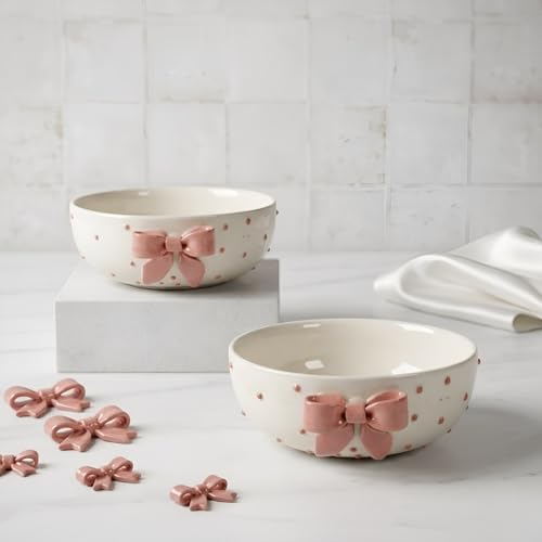 Image of SNS Handmade Ceramic Serving Bowl Set (Set of 2) | Microwave Safe Cute Ceramic Bowl Set | Aesthetic Snack, Salad, Cereal, Dessert & Soup Bowl | Premium Kitchen & Breakfast Bowl (Aira Pink Bow Bowl)