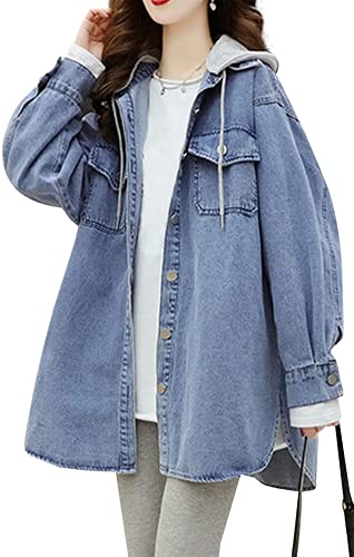 Women's Oversized Loose Boyfriend Denim Jacket Hooded Jean Jacket Detachable Hoodie Coat