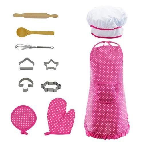 Kit Mini Chef + Acessórios (Colher de Pau, Rolo de massa, batedor cortadores, luva e toca (Rosa)