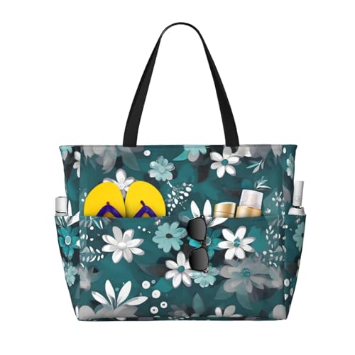 Teal Grey And White Floral Large Capacity Waterproof Sandproof Multifunctional Beach Travel Camping Picnic Storage Bag