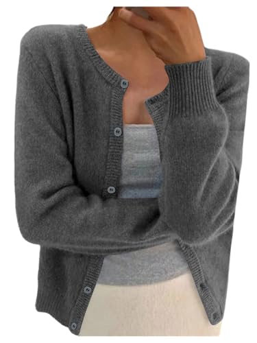 Women's Ribbed Knit Cardigan Long Sleeve Crewneck Button Down Lightweight Cardigan Sweater Trendy