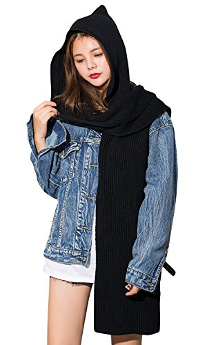 Dolamen Unisex Homme Femme Bonnet Echarpe, 2-in-1 Femme Léger et doux luxueux Vintage Hiver Bonnet Hat écharpe, Doux Chapeau Cap Capuchon pour l'Automne Hiver (Noir)