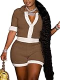 Conjunto corto de 2 piezas para mujer, para vacaciones, verano, ganchillo, 2023, a la moda, Y2K, conjunto de camisas de punto con botones y pantalones cortos, Marrón, Large