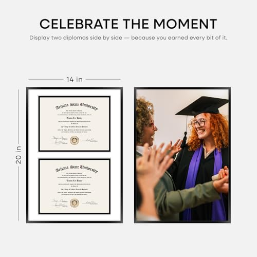 Image of Homeforia 14x20 Double Diploma Frame Black, High End Metal 14 x 20 Certificate Frames with Mat for Two 8.5 by 11 Diplomas, 20x14 Dual Award Graduation Matted Frames, Tempered Glass, Wall Kit, Set of 2