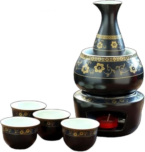 AZIEBAY 日本酒・焼酎用熱燗器セット|伝統的な禅スタイル陶磁器|冷酒・熱燗・常温対応|美濃焼|酒瓶・徳利・酒カップ付き 家庭用・贈答用に最適