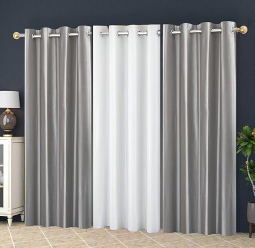 Image of Eyelet Polyester Modern Solid Crush Set of 3 Pcs. Door Curtains (7 Feet, 2 Grey + 1 White)