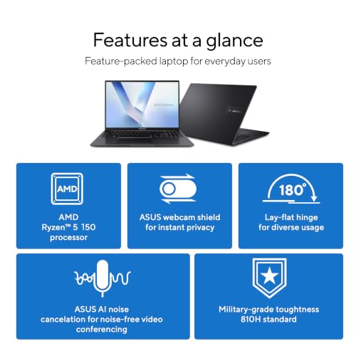 Image of ASUS Vivobook 16 Laptop - 16 inch WUXGA 1920X1200 16:10 Display - AMD Ryzen 5 150 Processor, 8 GB RAM, 512 GB SSD, Windows 11 Home, Indie Black, M1605NAQ-ES51