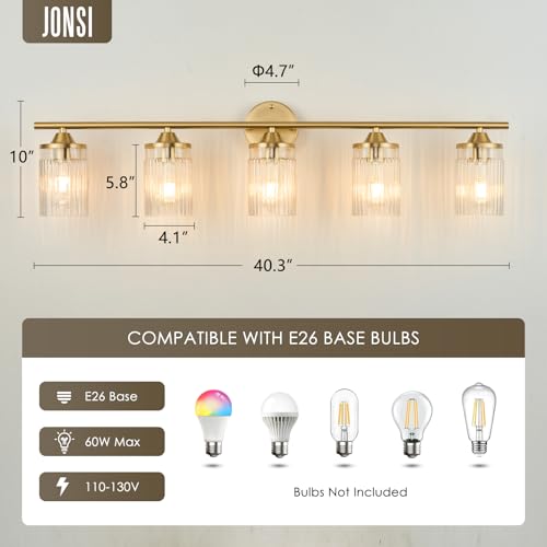 Image of Jonsi Gold Bathroom Light Fixtures 5-Light Vanity Lights Modern Wall Sconce with Clear Glass Shade Brushed Brass Bathroom Light Fixture Over Mirror for Bedroom Hallway Kitchen