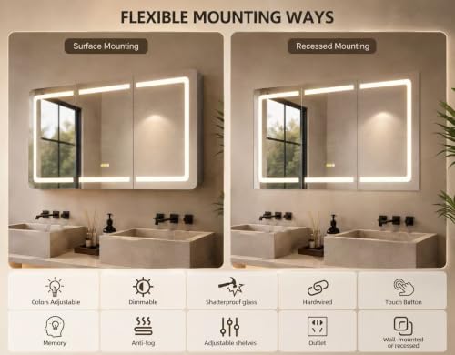 Armario-espejo LED para baño de 60" x 32", 3 puertas | Montaje en pared o empotrado, iluminación regulable frontal y función antivaho, estantes ajustables, diseño moderno en aluminio miniatura 3