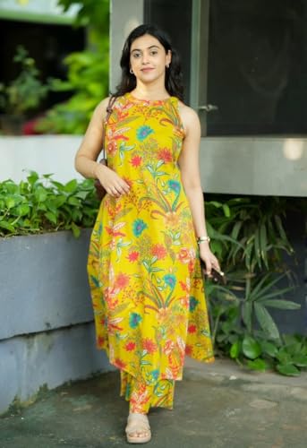 Image of Klosia Women Pure Cotton Kurta Palazzo Set | Sleeveless Printed Kurta with Palazzo Pants | Summer Friendly, Office Wear Co-Ord Set