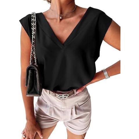 SVALIY Womens Summer Tops Sleeveless Cap Sleeve T Shirts Casual V Neck Business Work Blouses Black Large Cover