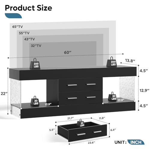 Image of Bestier 60 Inch Black TV Stand for 65 Inch TV, LED Entertainment Center | High Gloss Black Finish, Stone Pattern Panels, LED Lights, 2 Large Storage Drawer, Living Room Media Console