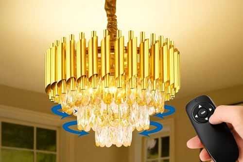 Image of RD.Enterprises|| Modern Crystal 3-Tier Gold Chandeliers | Bluetooth Remote Control and Speaker, Colour Changing | Moving Round | Ceiling Light Fixture for Living Room (Remote Full Gold, 400MM)