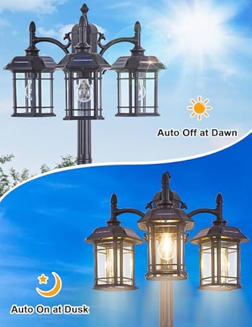 Solar Powered Outdoor Post Light 82.7 H 3-Headed Lamp Post with Dusk to Dawn Sensor Pole Street Lantern 3 Light Black Outdoor Lamp Post Lights E26 Outdoor Street Light for Pole Garden Yard