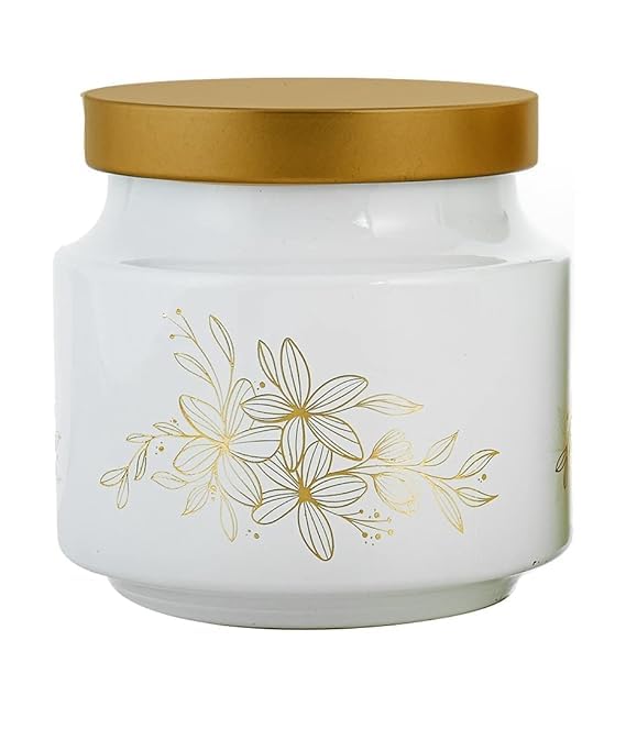 CROCO JAR Rejoice Printed Round Glass Jar Set For Kitchen Storage With Golden Lid 600 ml,White (1)