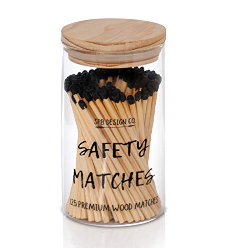 Decorative Matches, Long Matches for Candles, Matches Long Wooden | 125+ Safety Matches in Apothecary Glass Jar with Durable Striker, Premium 4" Black Tip Matchsticks | Perfect Candle Accessory