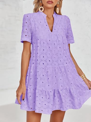 Image of Imily Bela Womens Summer Lace Dresses Eyelet Casual Flowy Babydoll Swing Short Sleeve V Neck Tunic Dress