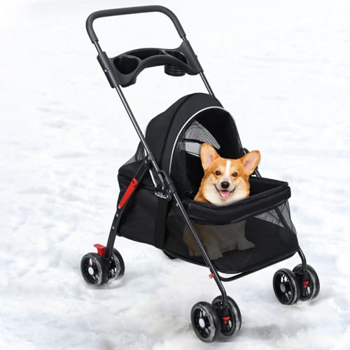 tinysiry Passeggino pieghevole a 4 ruote per cani e gatti, da viaggio, per animali domestici, con portabicchieri e rete traspirante visibile, passeggini pieghevoli per animali domestici, trasportini