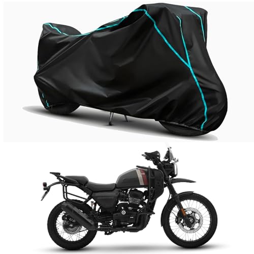 Image of Waterproof Bike Body Cover Compatible for | Yezdi Adventure Mambo | Taffeta Fabric, Sky Piping Design, Bottom Elastic Fit | Dustproof, Sun UV & Rain Protection for All Weather.