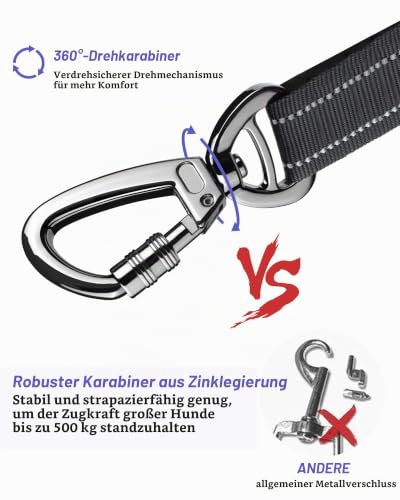AUBELL Anschnallgurt Hund Auto,3-in-1 Bungee Hundegurt fürs Auto,Schwarz